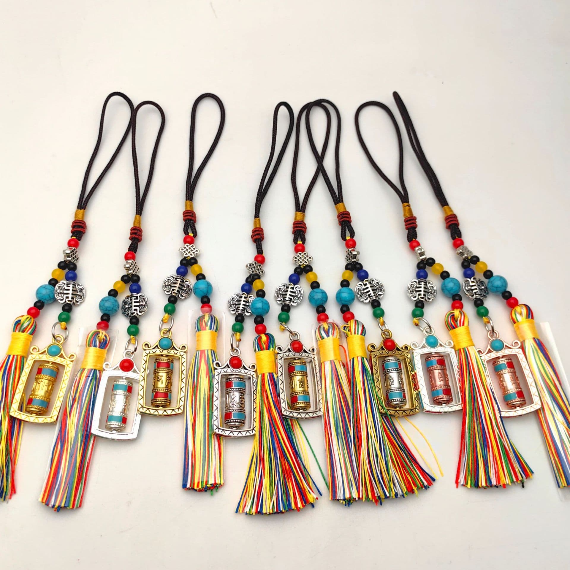 Tibetan Ornament Tantric Small Prayer Wheel Spinning Wheel Multicolored Tassel Small Pendant Car Hanging Bag Hanging Keychain Accessory