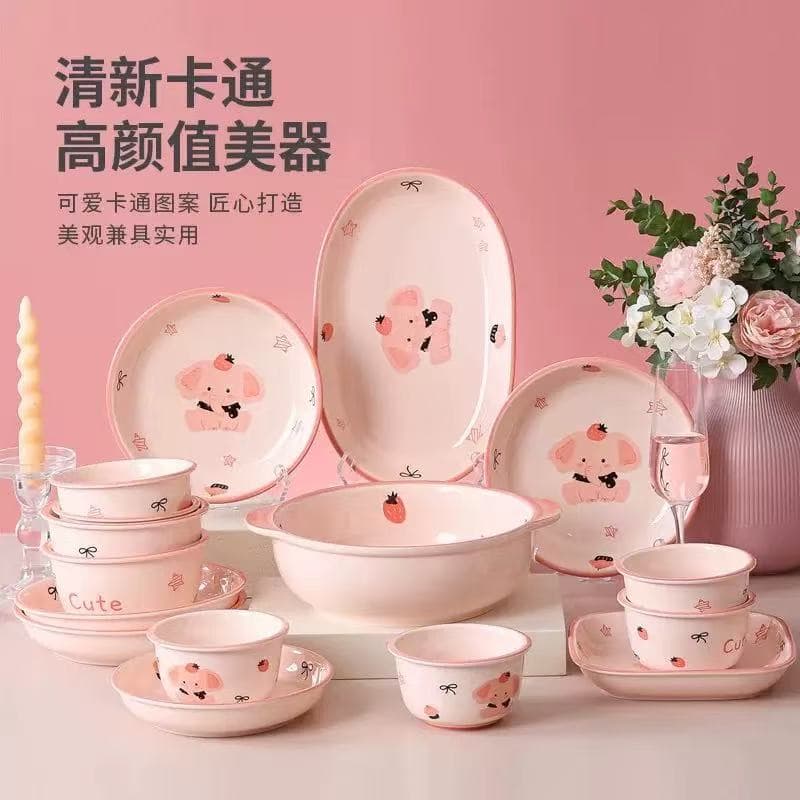 Cartoon Cute Strawberry Elephant Ceramic Bowls and Plates Tableware for Home Use Eating Bowls Noodle Bowls Soup Bowls Underglaze Colored Vegetable Plates Fruit Plates