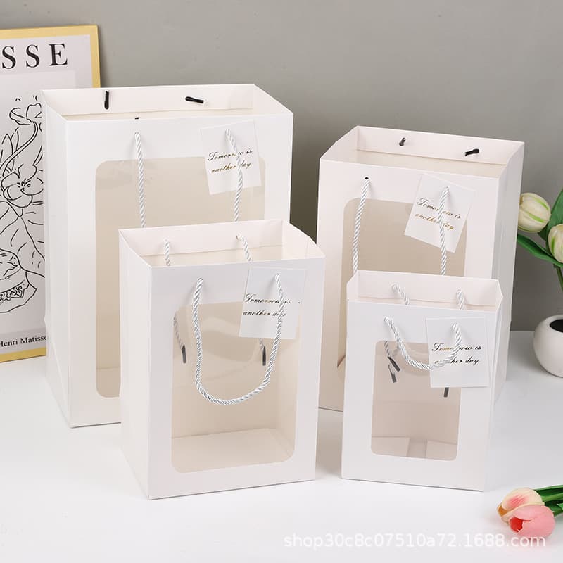 Gift Bag with Transparent Window, Handbag for Flowers, Festival Gift Paper Bag, Tote Bag