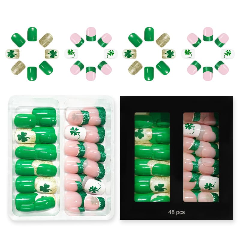 Short Glossy Square Nails European and American Style St. Patrick's Day French Light Green Four-Leaf Clover Gold Glitter Press-On Nails 48 Pieces