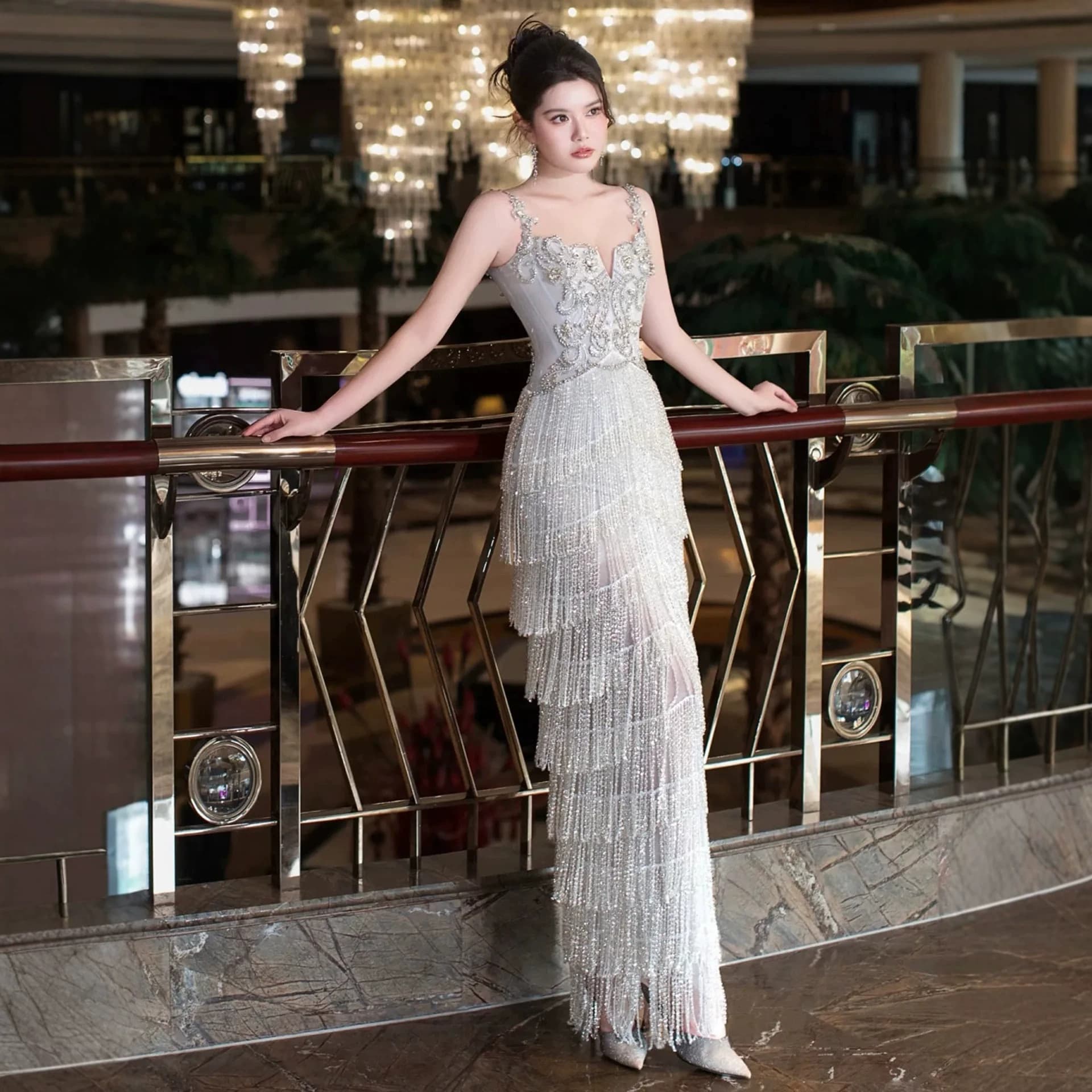 Heavy-Duty Strapless Gown Luxurious High-End Fringe Mermaid Long Dress for Banquets and Engagement Parties, Foreign Trade Cross-Border Long Style