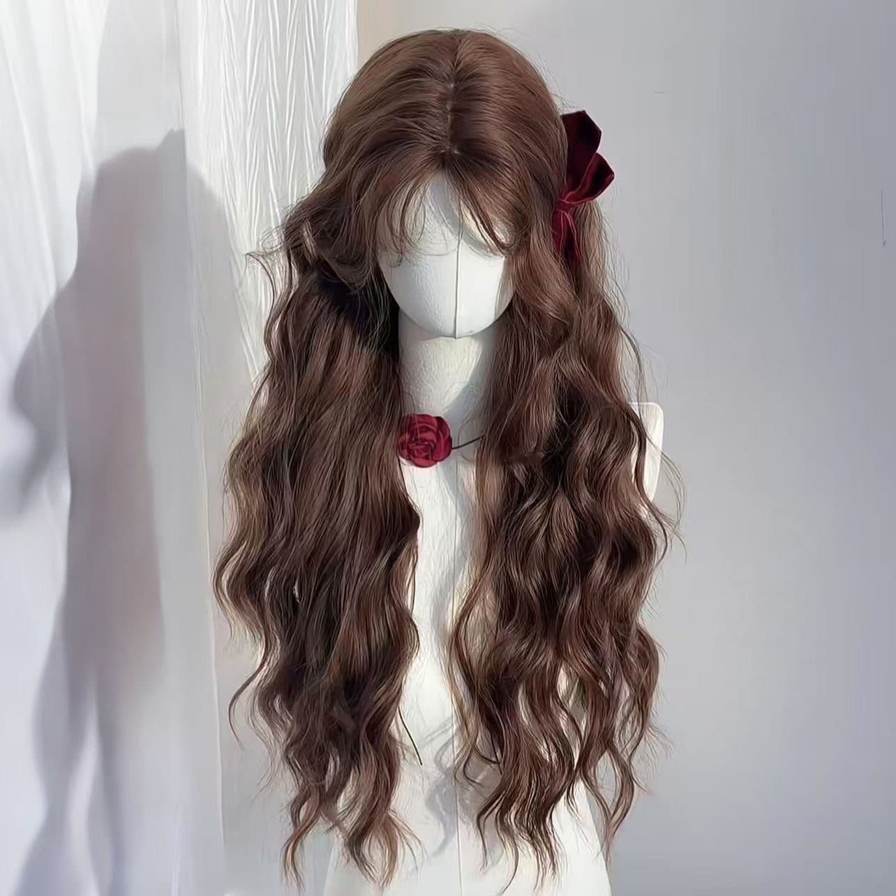 Yuan Yang Caramel Chestnut Wig Women's Autumn Chestnut Brown Wool Roll Lazy Elegant Long Curly Hair Simulation Full Head Cover