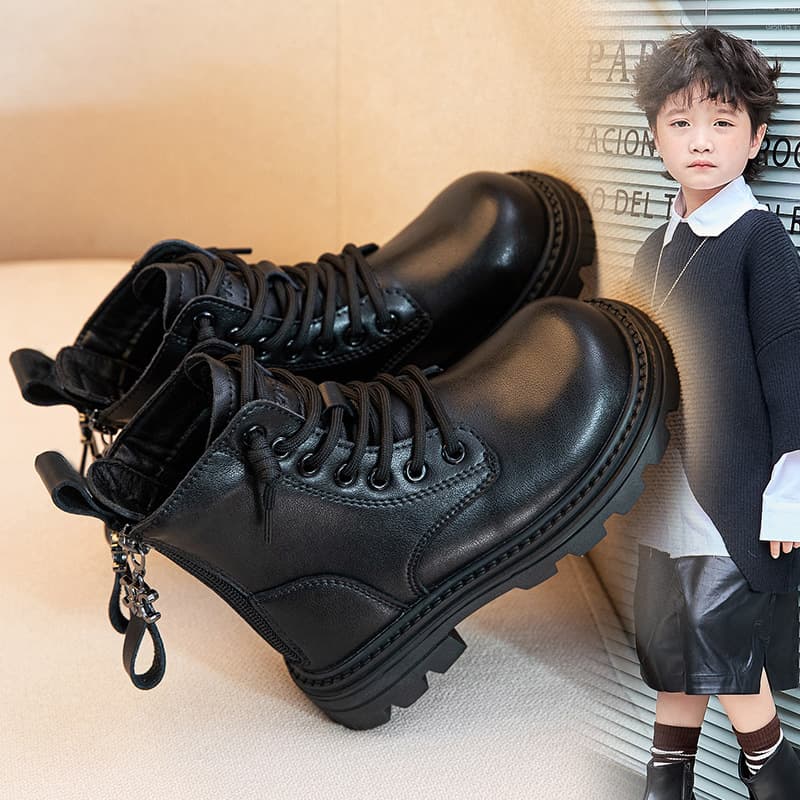 Boys' Genuine Leather Martin Boots Autumn and Winter New Cotton Boots 2025 Children's Double Zipper Boots Medium and Large Children's Boots Anti-Slip Boots