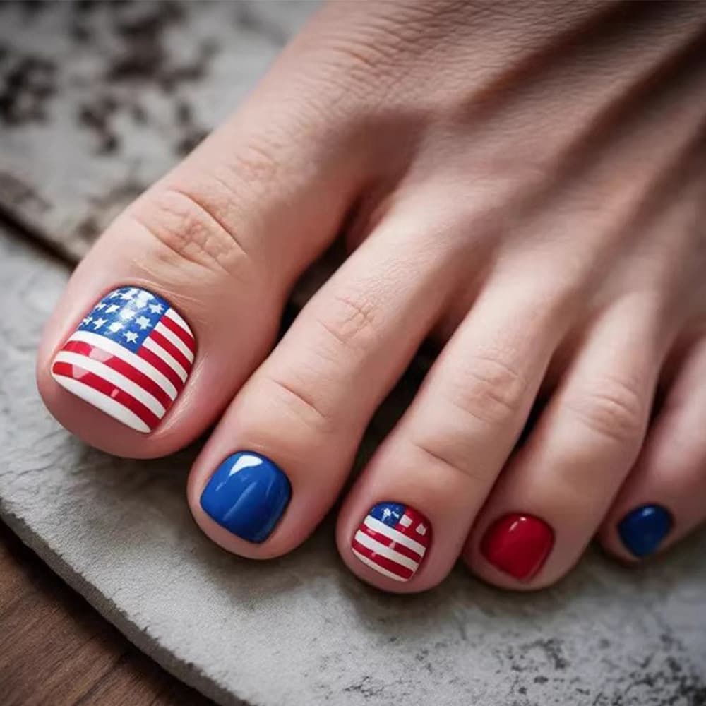 New American cross-border independence day flag five-pointed star French line toenails short wear nails 24 pieces finished product