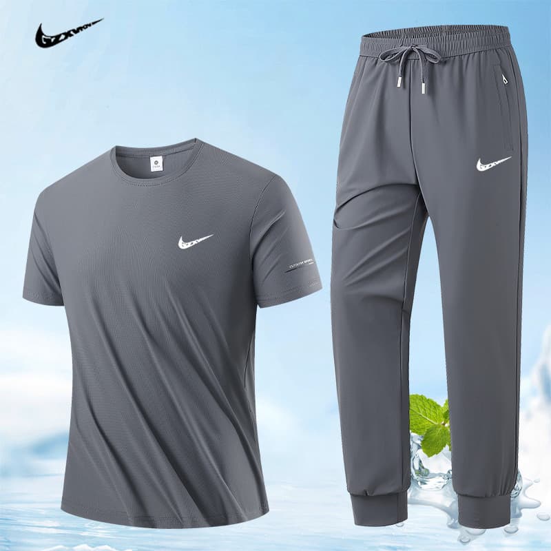 Men's Summer New Sportswear Set Ice Silk Short Sleeve T-Shirt and Long Pants Running Fitness Basketball Suit Trendy Two-Piece Set
