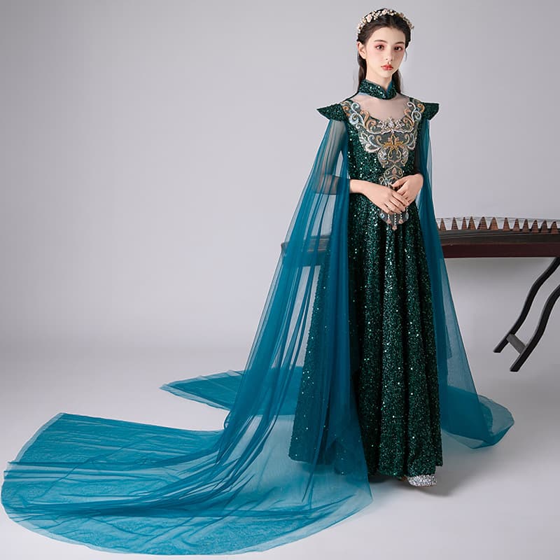 2026 New Dark Green Sequined Princess Dress for Children's Chinese Folk Music Exam Performance, Chinese-style Guzheng Gown for Girls