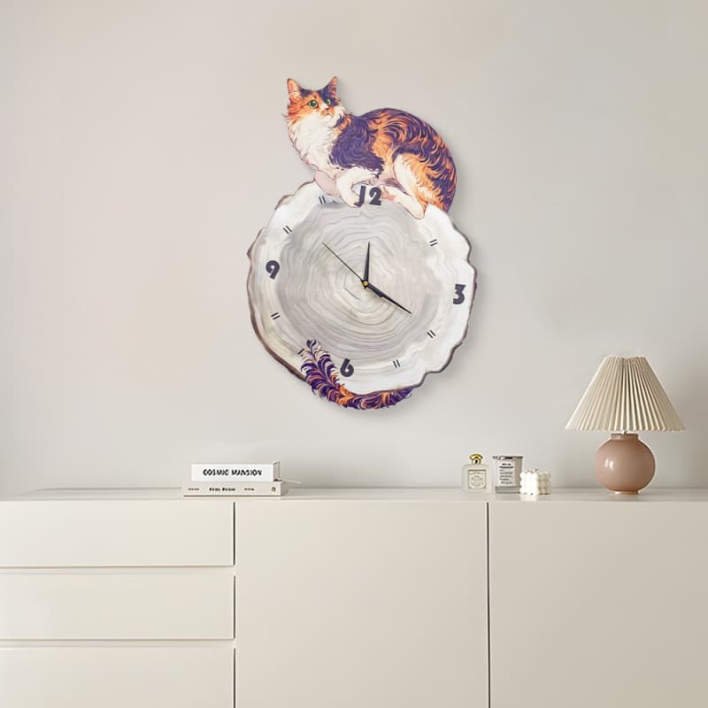 2024 New Nordic Light Luxury High-End Clock Painting, Wabi-Sabi Style Cute Cat Dining Room Wall Clock 40x60