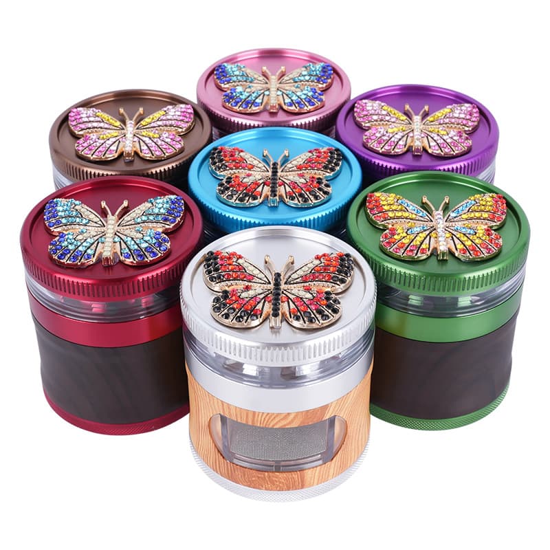 63 Aluminum Alloy Four-Layer Herb Grinder with Butterfly Pattern on Top, Colorful Design with Drawer Storage