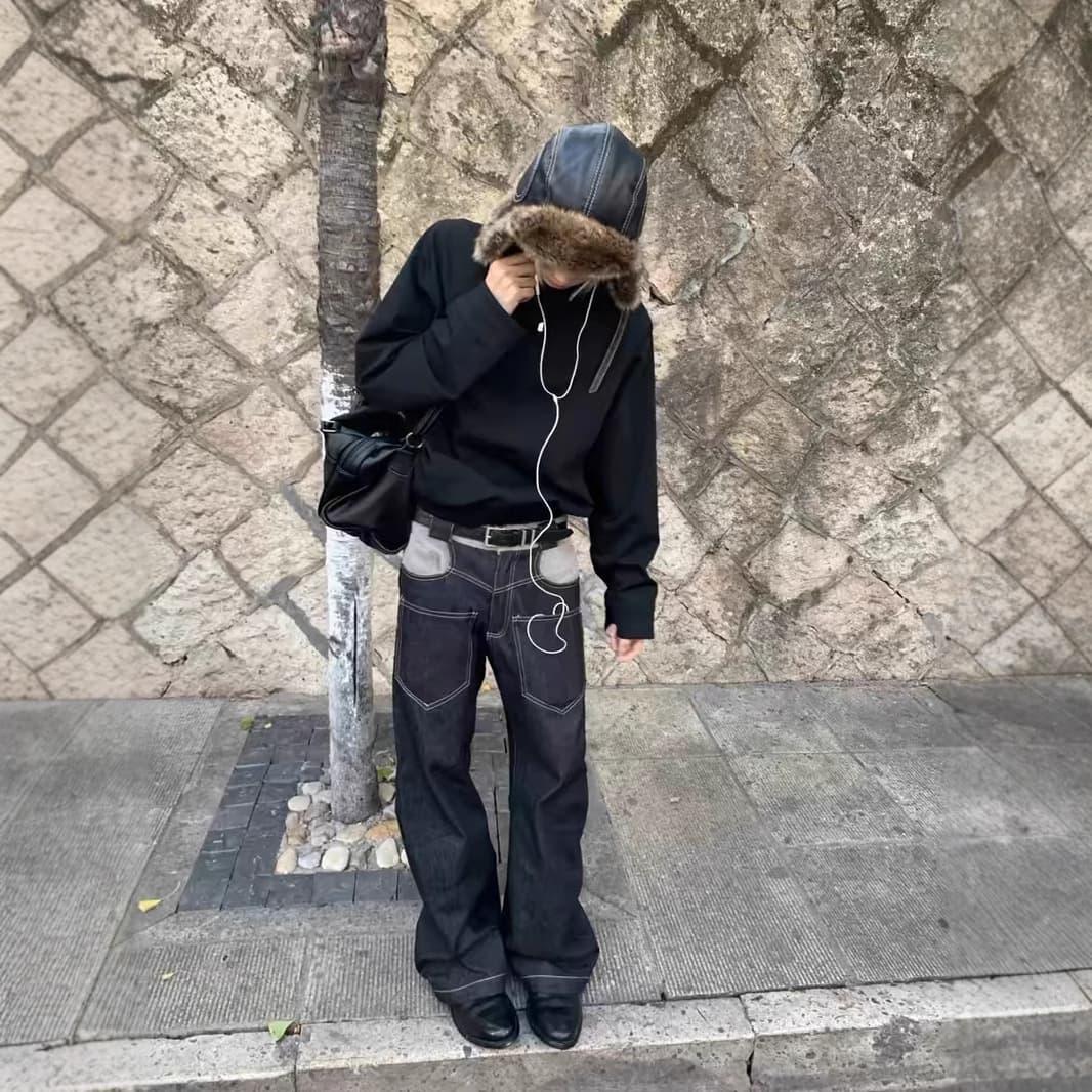 High-quality "Scarf" Woolen Stitching Reverse Wear Loose Arc Profile Straight Micro-scimitar Original Cow Jeans