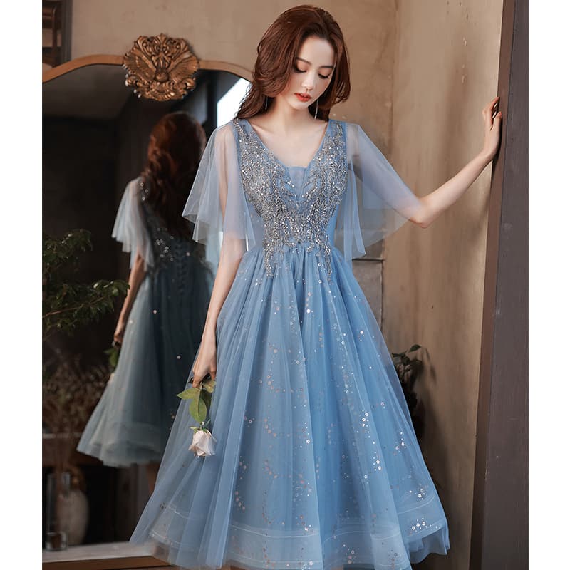 Blue Evening Dress 2026 Spring Small Batwing Sleeve Fairy Style Bridesmaid Dress Petite Sweet Style Gown