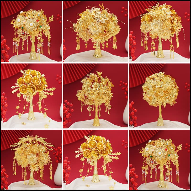 DIY Golden Bouquet with Premium Materials: Chinese Bridal Xiuhe Dress, Round Fan, Wedding Cheongsam, Best Friend's Scepter Base