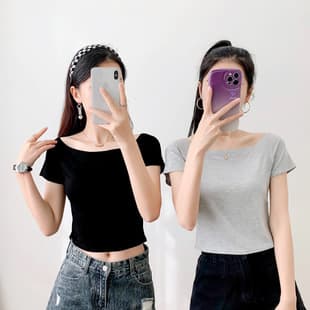 Modal Off-Shoulder Short Sleeve T-Shirt for Women, Cropped Fitted Top, Korean Style Belly Button Revealing Base Layer, High Waist Crop Top