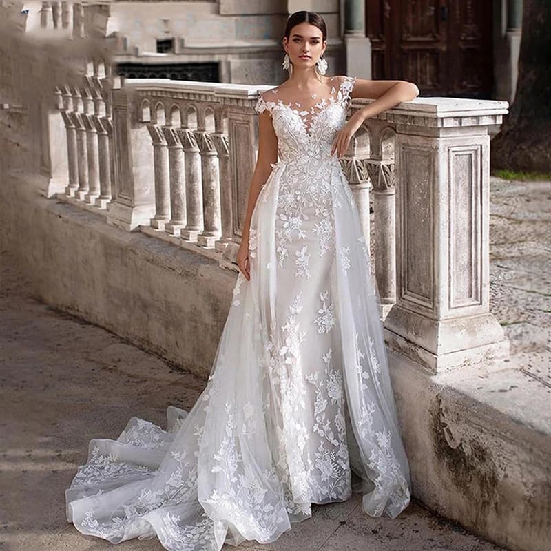 Wedding Dresses Applique Lace European and American Two-Piece Detachable Elegant Backless V-Neck Wedding Gown