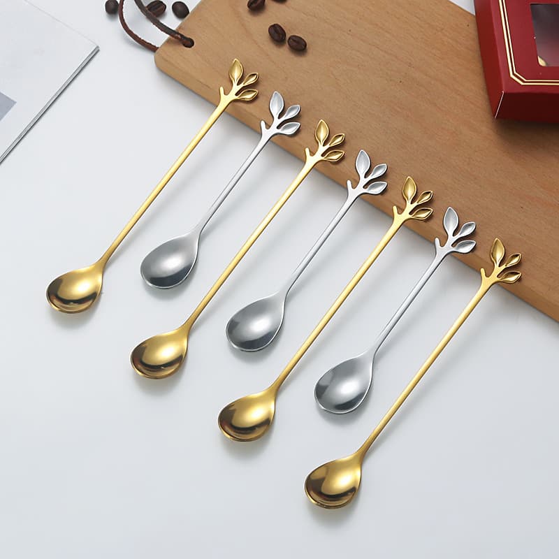Stainless Steel Leaf Spoon Fork Dessert Spoon Long Handle Stirring Spoon Creative Leaf Spoon Fork European Tableware Household Soup Spoon