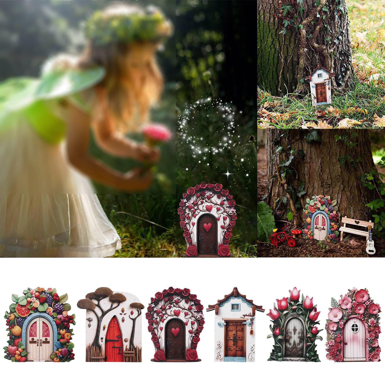 Garden Courtyard Wooden Fairy Door Tree Decoration, Home Creative Wooden Design Elf Door Craft Ornament
