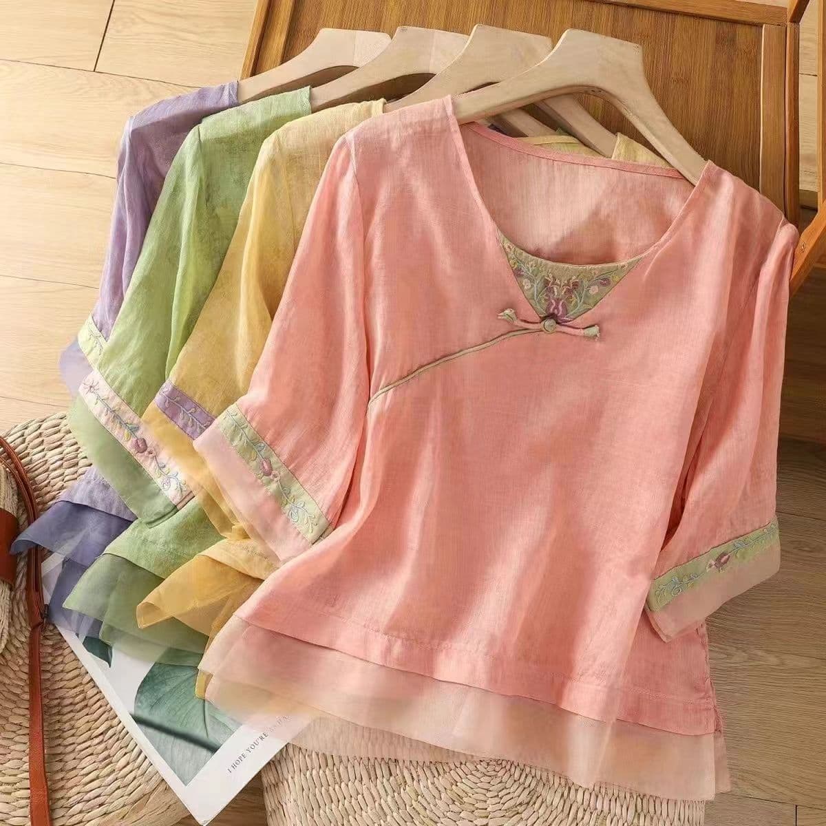 Tang Suit Artistic Summer Vintage New Chinese-style Linen Shirt Ethnic Patchwork Embroidered Loose Top