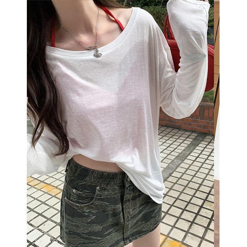 Cross-border wholesale Korean style slightly transparent pure desire lazy and relaxed feeling slimming bottoming shirt long-sleeved T-shirt women's summer thin blouse