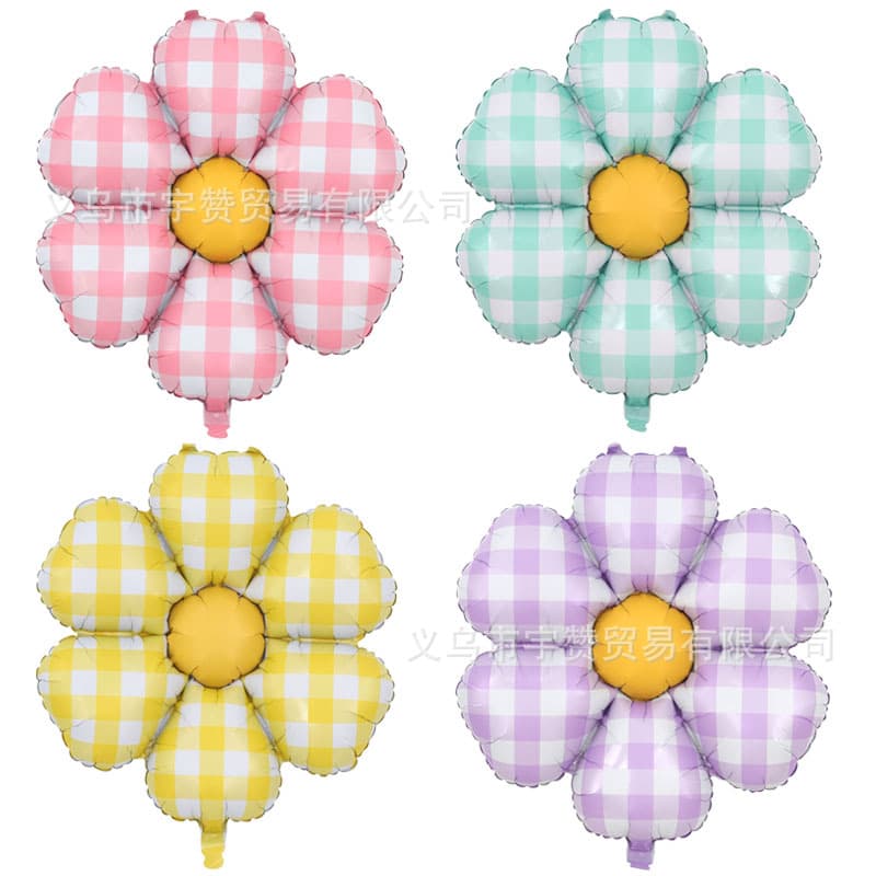 Ins Style Matte Plaid Daisy Aluminum Film Balloons - Green, Yellow, Purple, Pink Plaid Daisy Balloons Wholesale
