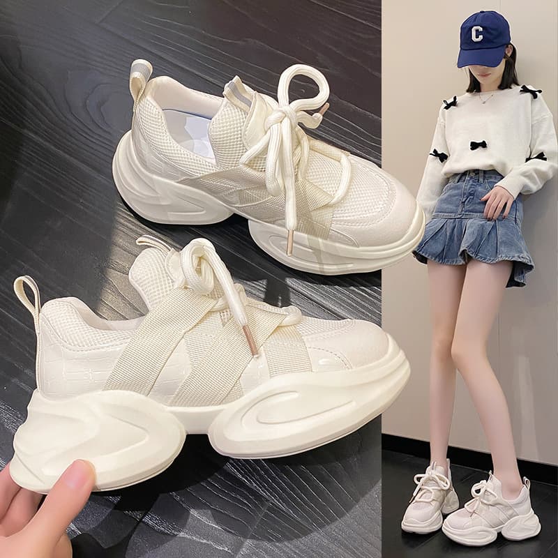 Fashionable Height-Increasing Dad Sneakers for Women 2026 Spring and Autumn New Mesh Breathable Thick-Soled Versatile Casual Sports White Shoes