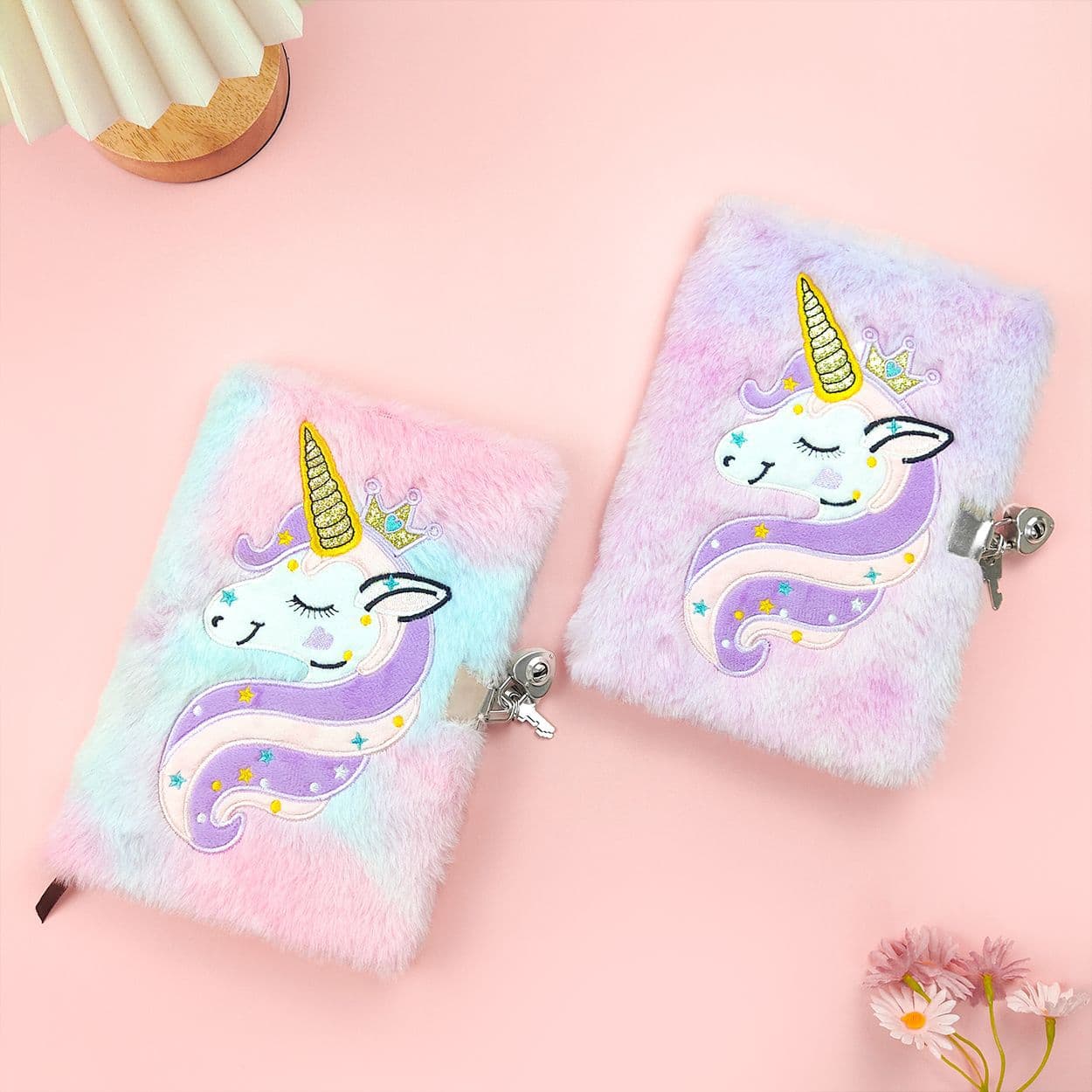 A5 Size Unicorn Notebook with Rainbow Horse Embroidery Furry Cover Cartoon Diary Book Girls Heart Line Paper Creative Trend