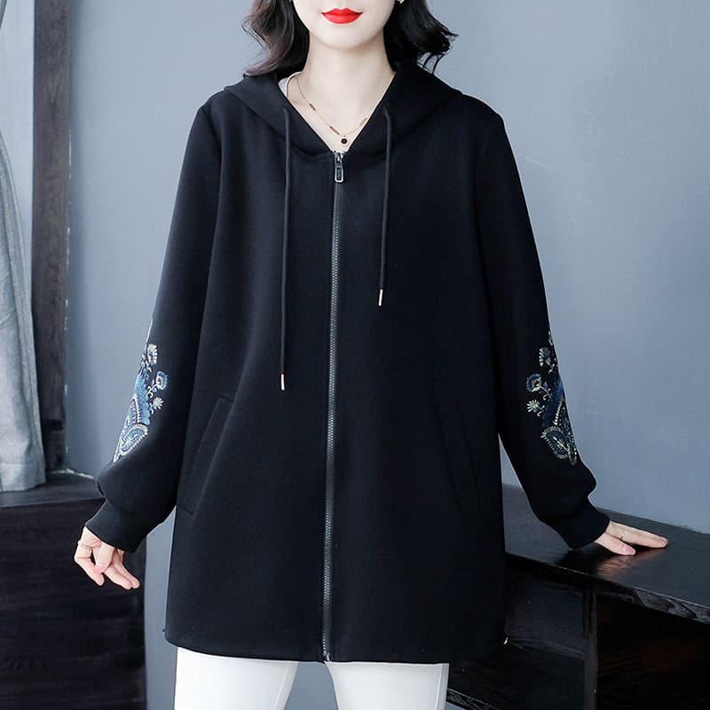 Autumn Winter New Knit Chinese Style Embroidery Loose Large Size Hooded Fashion Casual Long Sleeve Hoodie Middle-aged and Elderly Women's Wear