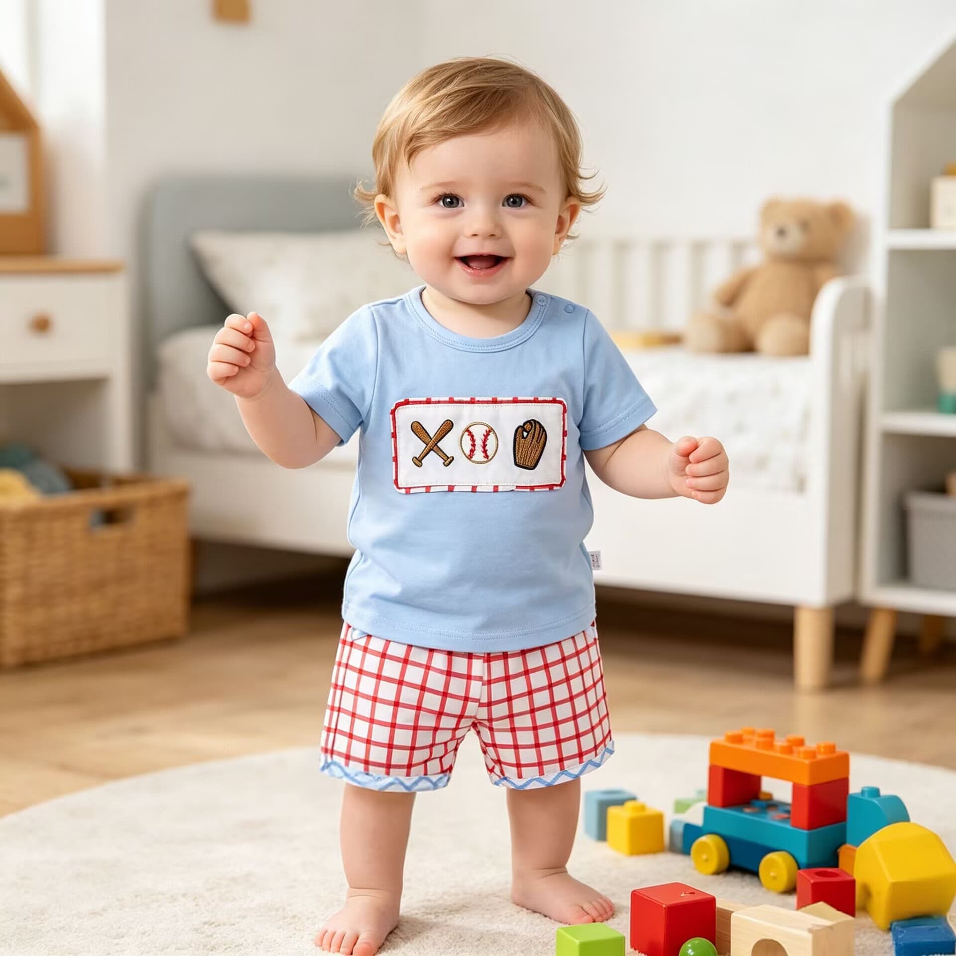 Boys' clothing summer baseball embroidered patch short-sleeved T-shirt two-piece set men's plaid shorts cross-border casual suit