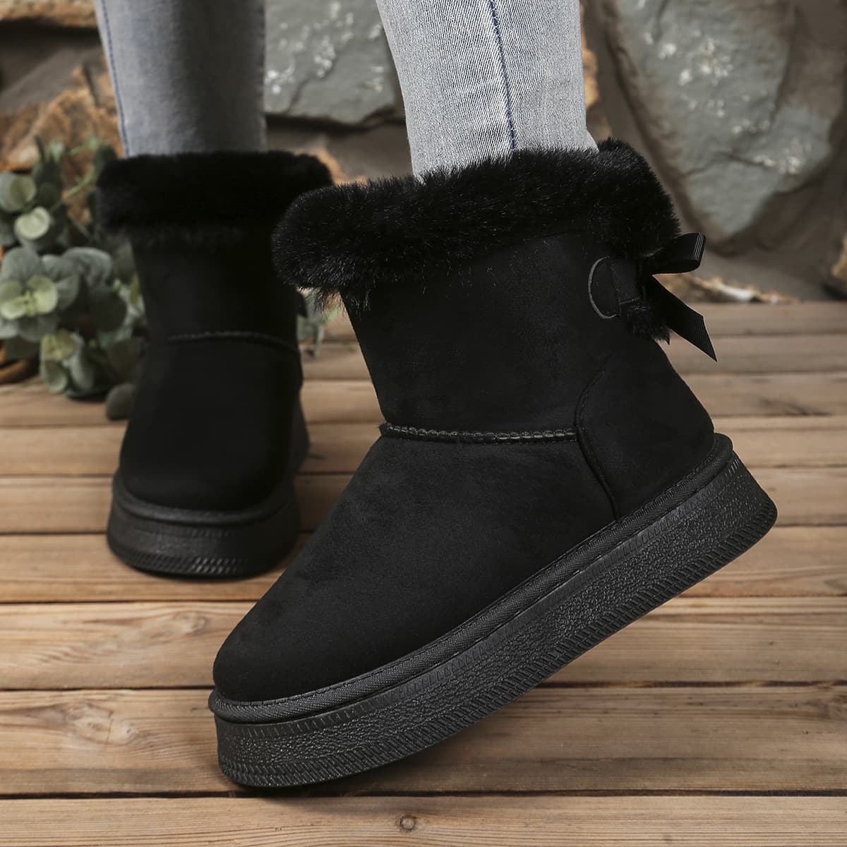 Women's Snow Boots with Fur Collar and Bow Decoration 2025 Simple Casual Thick Sole Warm Cotton Shoes for Women