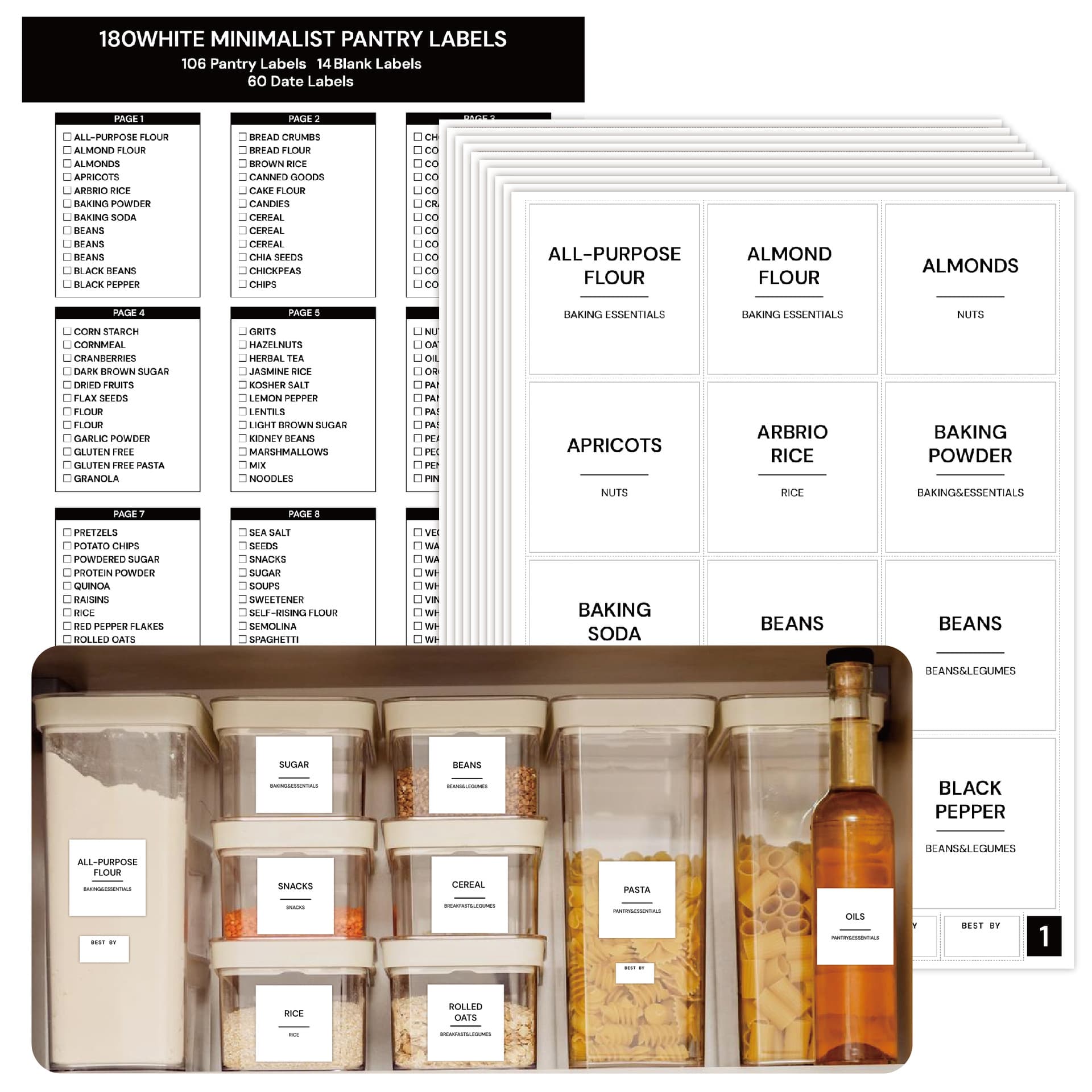 Pantry Labels 180-Piece Minimalist Pantry Organization Stickers Waterproof Oil-Proof Kitchen Pantry Labels