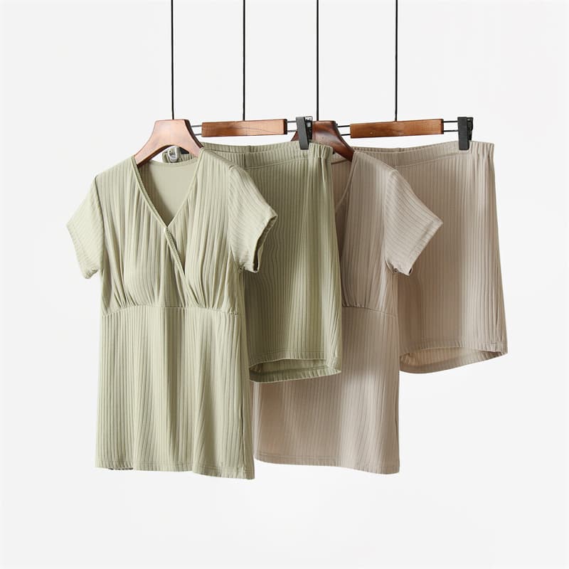 Maternity Nursing Top and Shorts Set Summer Thin with Built-in Bra Pads Breastfeeding Clothes Postpartum Loungewear