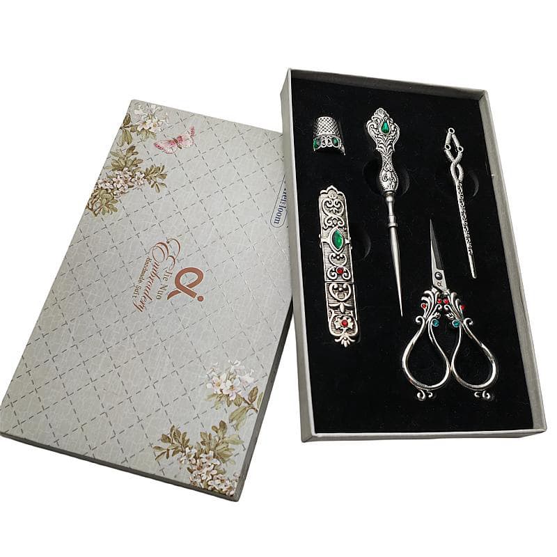 Genuine phoenix tail vintage scissors box set five-piece kit awl thimble needle case diamond inlay