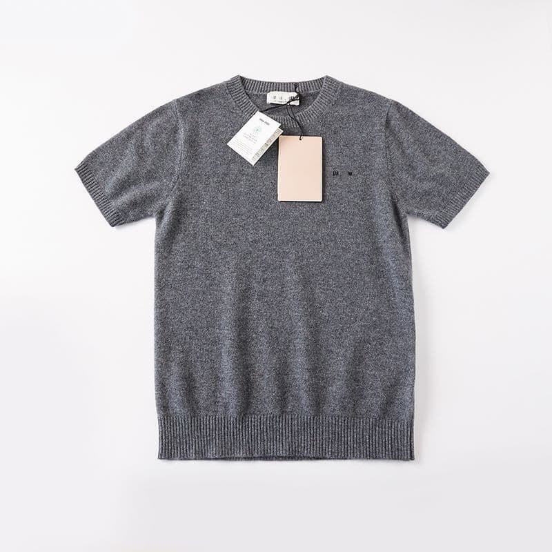 High-end Miu Miu Women's Round Neck Short Sleeve Wool Cashmere Knit Top with MIU Lettering