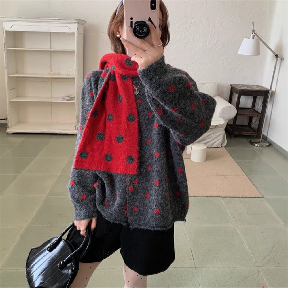 Korean polka-dot soft and waxy versatile sweater jacket for women in autumn and winter new loose and slim knitted cardigan top with scarf