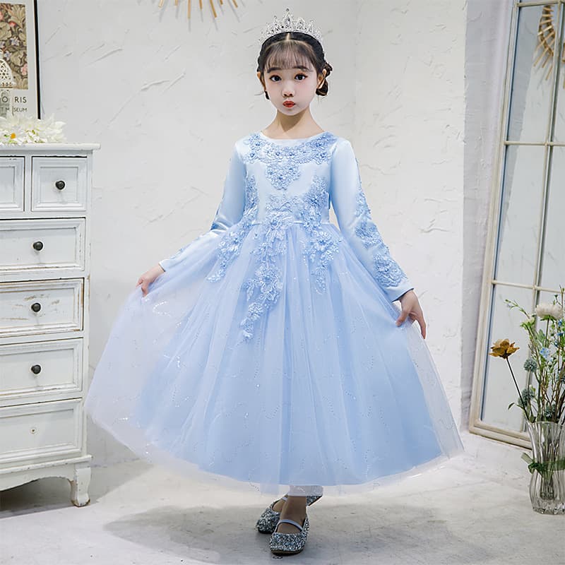 Girls Princess Tutu Long Dress Autumn Winter Fleece-Lined Children's Dress Gown Flower Girl Host Performance Costume Wholesale