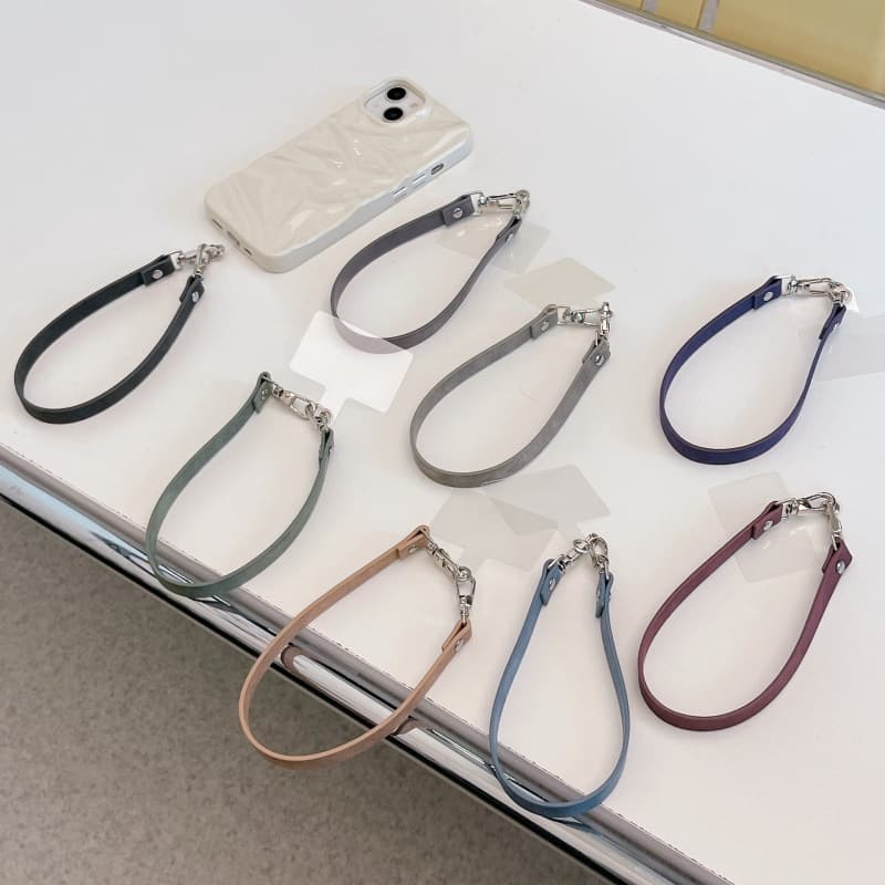 Simple solid color niche style leather oil edge small lanyard mobile phone chain bracelet bracelet anti-lost wrist strap key chain