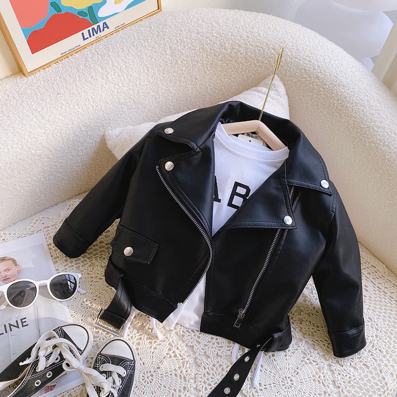 2026 Spring/Autumn New Children's Short PU Leather Jacket Boys and Girls Street Style Trendy Leather Jacket Baby Turn-down Collar Leather Coat