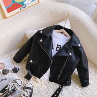 2026 Spring/Fall New Kids' Short PU Leather Jacket, Boys' and Girls' Street Style Faux Leather Jacket, Baby Turn-Down Collar Coat