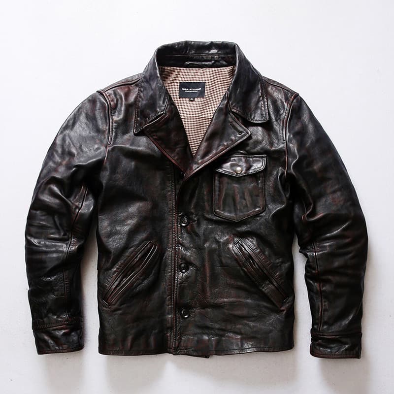 American Bear Top-Grain Tea Core Horsehide Leather Jacket Men's Lapel Single-Breasted Casual Short Motorcycle Genuine Leather Coat