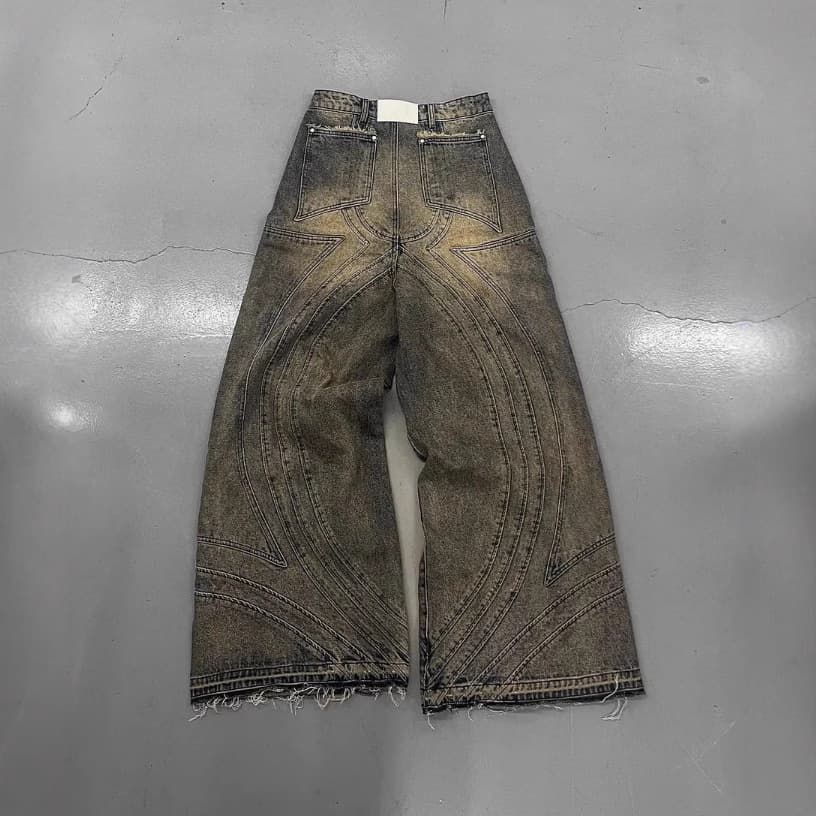 European and American Cross-Border Y2K Gothic Style Line Design Jeans High Street Washed Retro Loose Trendy Pants
