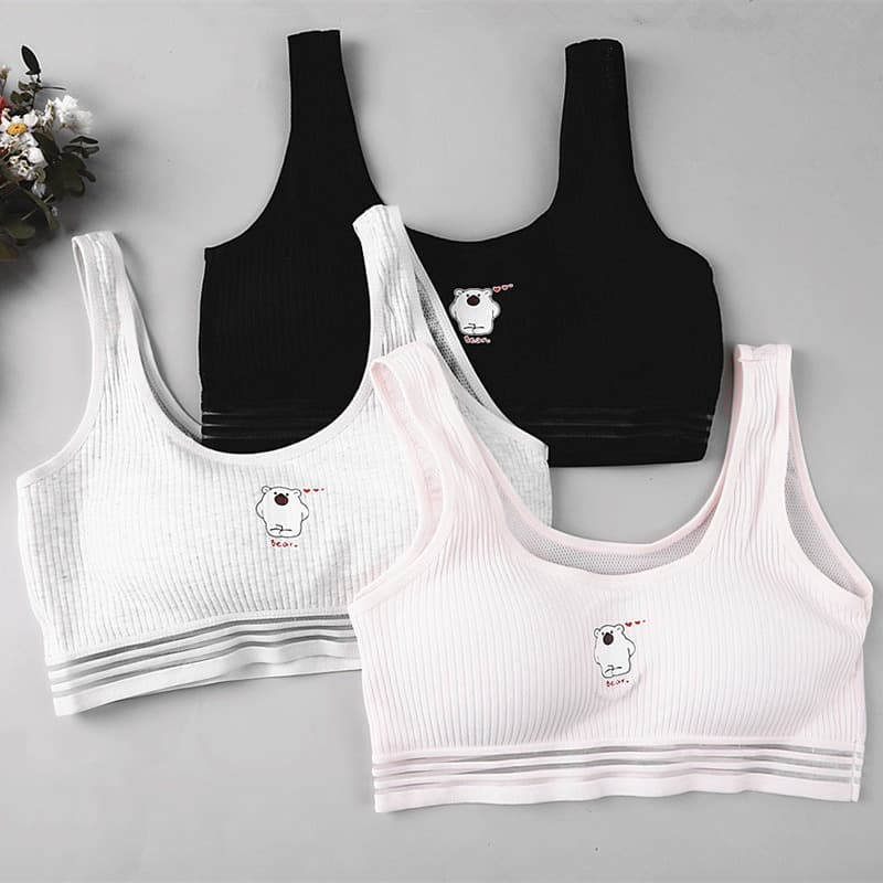 One-piece Chest Pad Teen Girls' Development Period Mesh Back Summer Cotton Bra for Primary and Middle School Students Cute Bear Vest