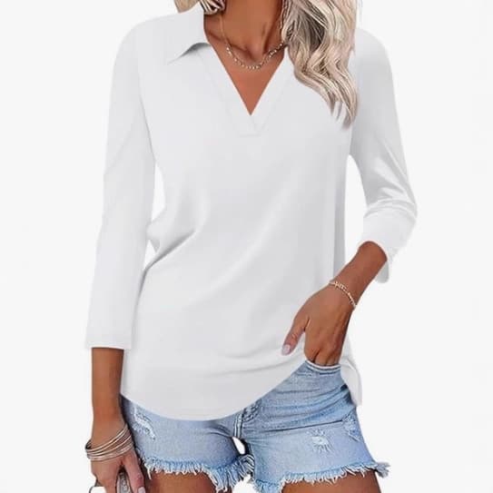 2025 Autumn New Elegant Slim Fit Base Layer Cross-border Simple Casual Women's V-Neck Polo Shirt T-Shirt Top