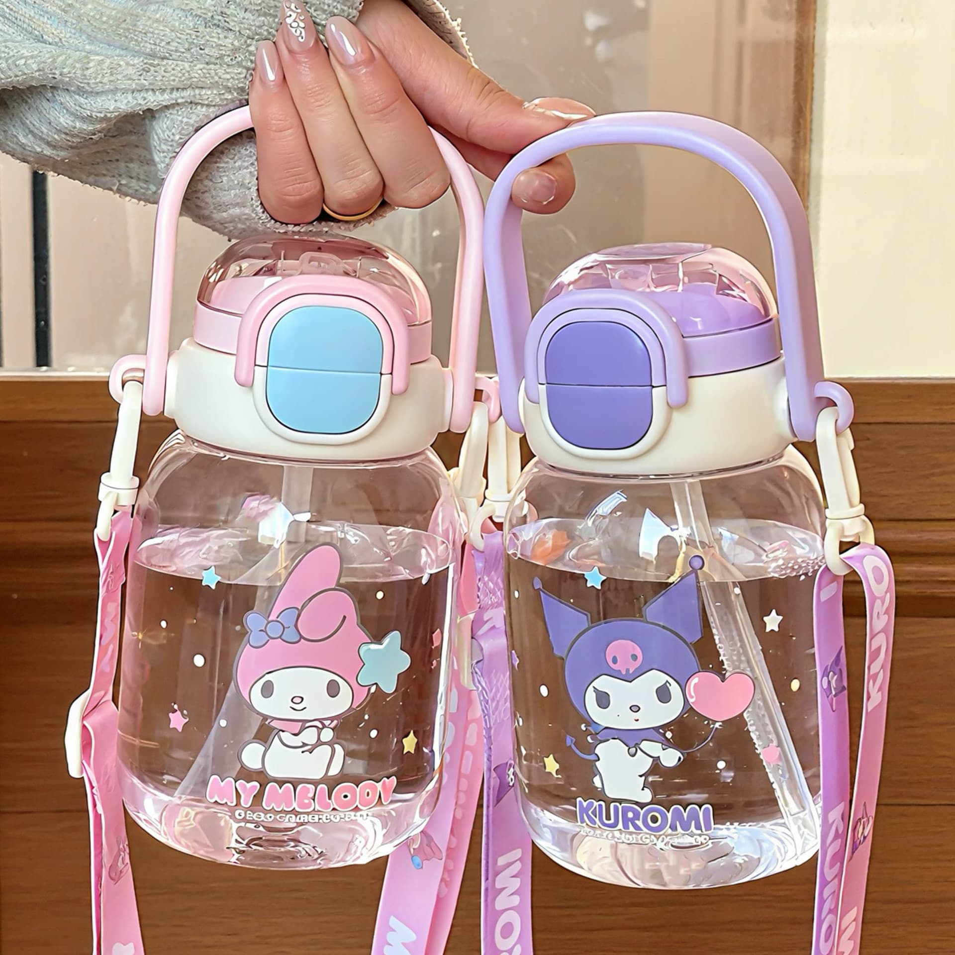 Sanrio Tritan Water Bottle with High Appearance, Large Capacity, Rope Handle, Portable, Cartoon Plastic Straw Cup for Kids