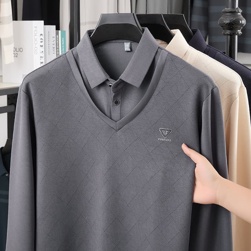 2025 spring/autumn style middle-aged and elderly long-sleeve T-shirt, men's two-piece style casual plaid base layer striped middle-aged top
