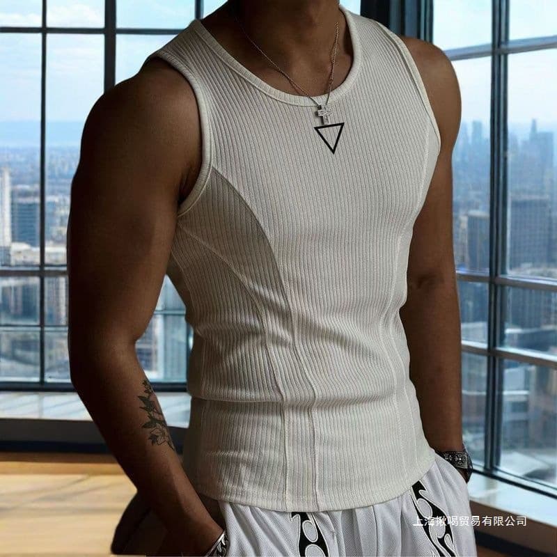 Summer American men's vest with thick thread slim fit vest for men's sports training striped vest bottoming T