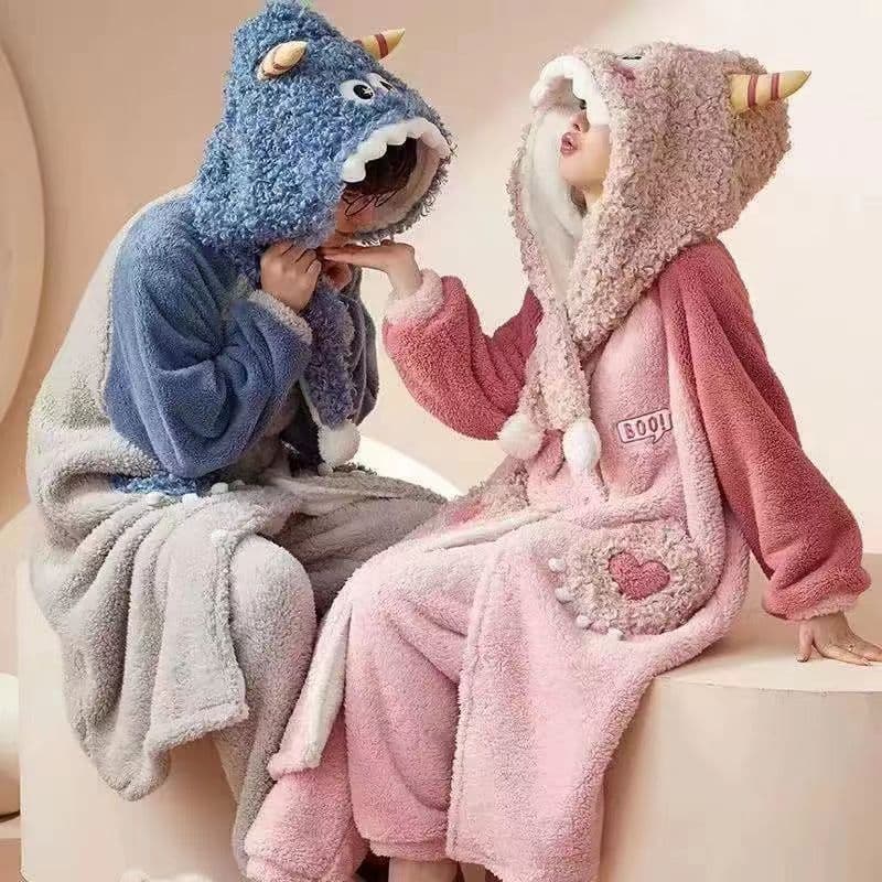 Little Monster Coral Fleece Thickened Fleece-Lined Hooded Nightgown Women's Winter Cute Cartoon Long Flannel Bathrobe Pajamas