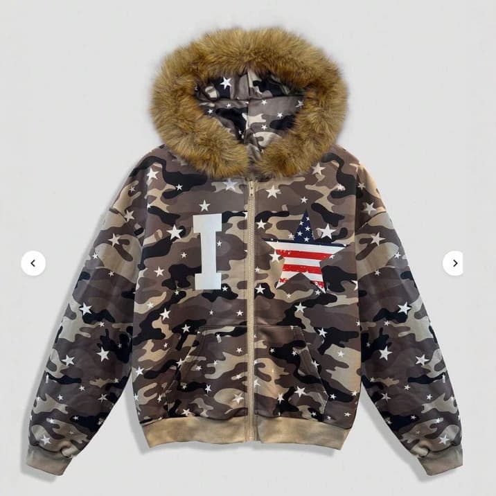 Amazon's new trendy brand American flag element sweatshirt large fur collar hooded zipper cardigan thickened and warm men's clothing