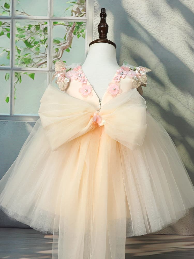 Girls' Dress with 3D Floral Details, Flower Girl Tulle Tutu Dress with Pearls, Lolita Princess Gown for Birthday