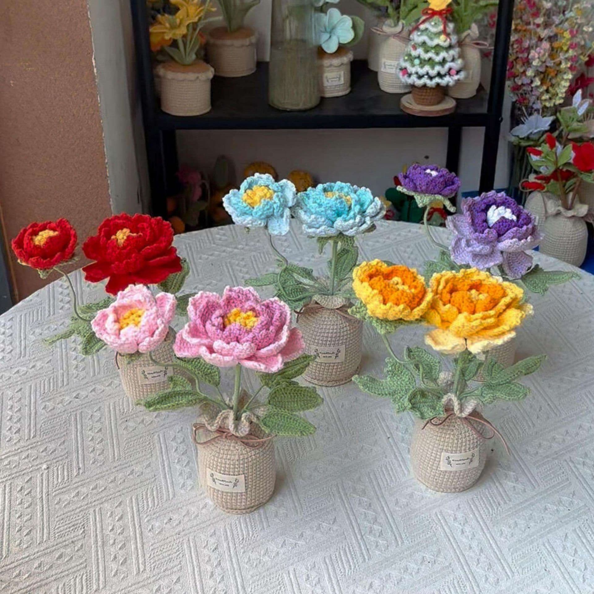 Chinese Trendy Hand-Knitted Gradient Peony Flower Branch Finished Product Living Room Home Decoration Knitted Bouquet