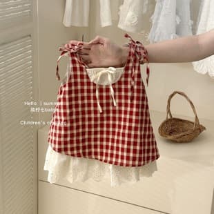 2026 Summer Children's Girls Red Plaid Fake Two-Piece Dress Summer New Kids Baby Girl Vest Dress Trendy