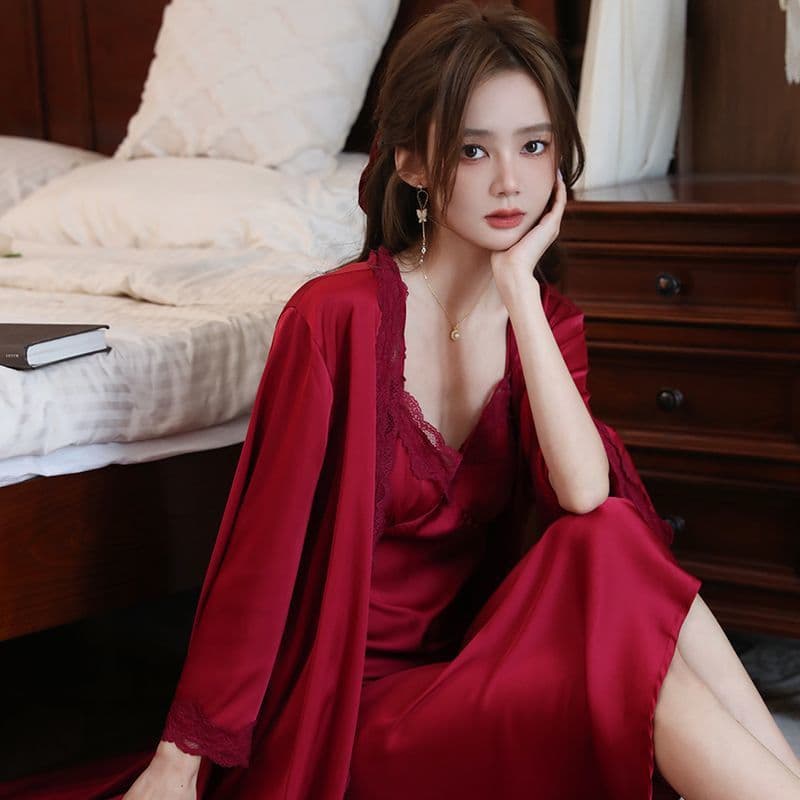 Sexy Ice Silk Pajamas Women's Court Style Long Morning Robe Lace Camisole Nightgown Robe Set Long Dress Victorian