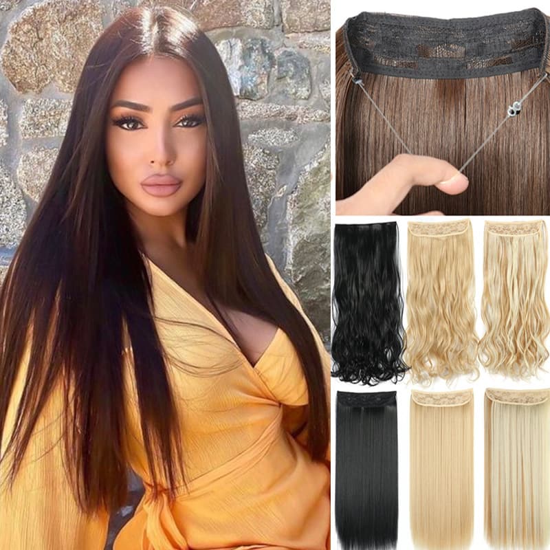 Synthetic Hair Extension Weft for Women, Natural Look Invisible Fish Line Long Straight Hair Extension